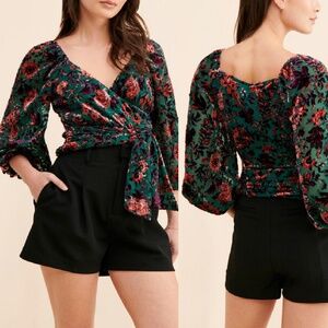 Anthropologie Green Floral Velvet Burnout Wrap Blouse Boho Romantic Cottagecore